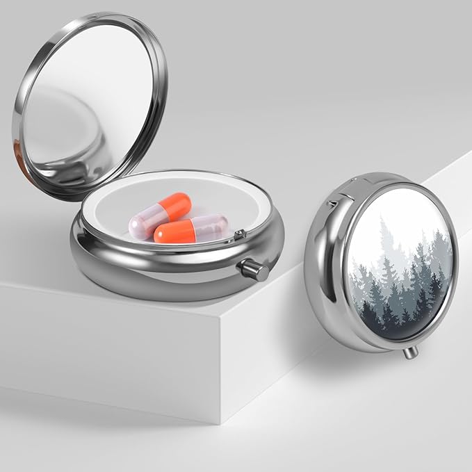 Mini Pill Box, Small Pill Box, Portable Pill Box, Cute Pill Organizer for Vitamins, Medications, Fish Oil and Supplements (Woodland)
