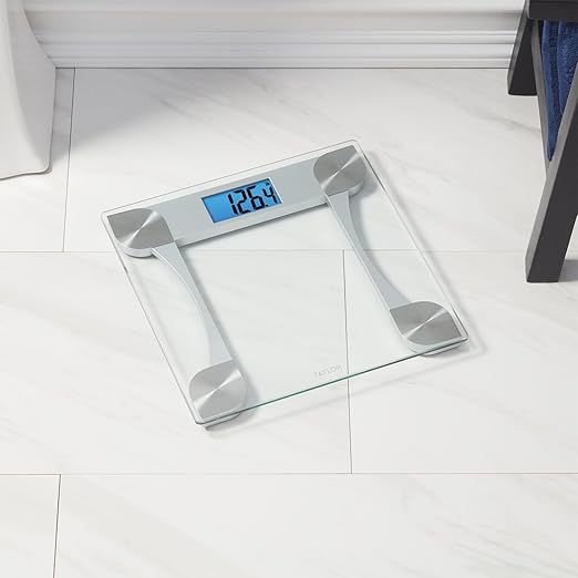 Taylor Digital Bathroom Scale for Body Weight, Large 12.2 Inch Glass Platform, Blue Backlit LCD Display, 440 lb Capacity, Weight Tracking for 2 Users, Clear