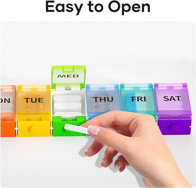 Weekly Pill Organizer, 7 Day Pill Box Case BPA-Free, Medicine Pill Organizer with Innovative Push Button Design, Large Pill Container for Vitamins, Cod Liver Oil, Supplements and Medication
