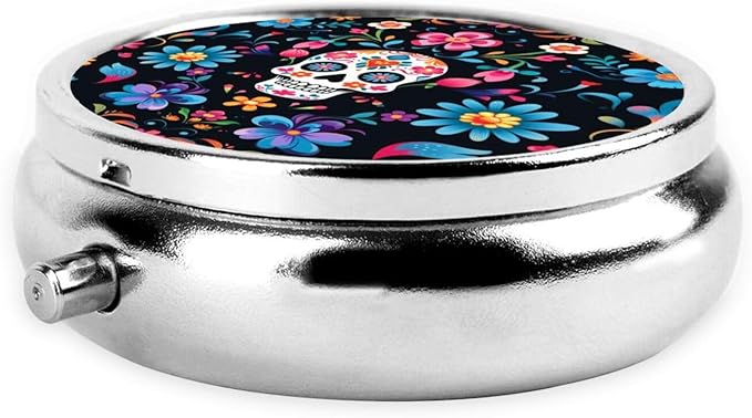 Mexican Sugar Skulls Flowers Print Round Metal Pill Box with 3 Compartment for Pocket or Purse Travel Bag Mini Small Size 2 inche