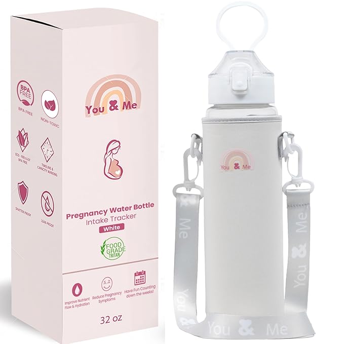 You & Me Pregnancy Water Bottle (32 oz) with Carry Sleeve – Hydration Tracker for Expecting Moms, Milestone Stickers (Pink/Blue/Neutral), BPA-Free, Covered Straw Lid – Gift for Pregnancy & New Moms