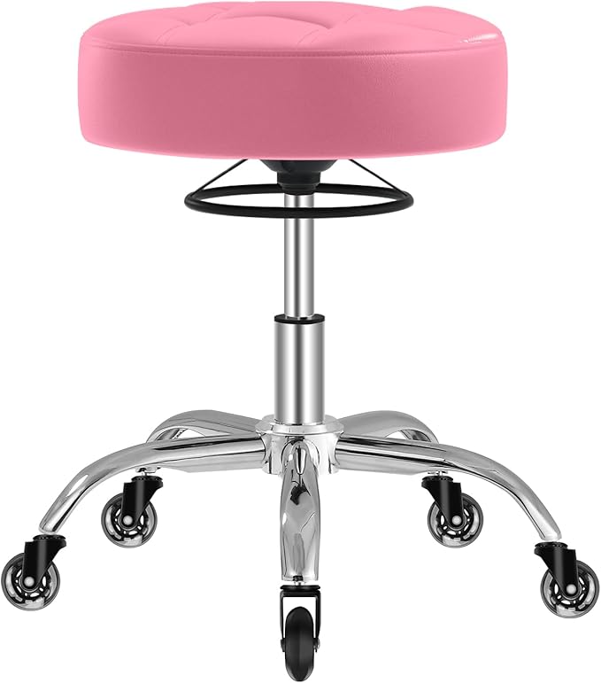 YEEZEE Rolling Stool Heavy Duty 400lb: Super Soft Leather Seat Cushion, 360 Swivel, Height Adjustable 19.7"-25.3", No Squeaky Noises, No Tip Over, Salon & Spa Stool, Pink