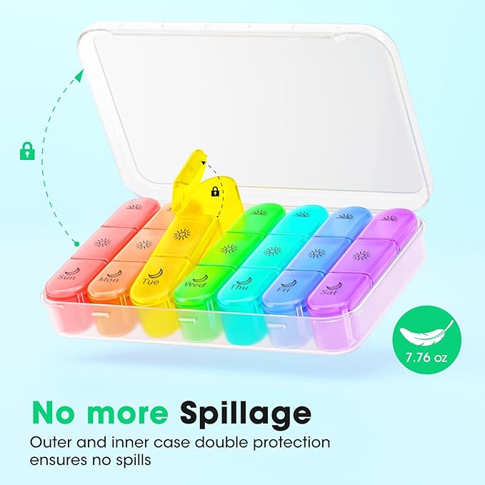 3 Times a Day Pill Organizer - 7 Day Portable Weekly Pill Box, Travel Pill Case with Snap-Locked Compartments, BPA-Free for Vitamins & Medication(Clear)
