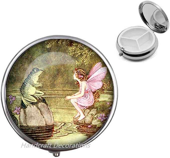 Frog and Fairy Pill Case,Art Fairy Pill Box,Fairy Jewelry,Fairytale Jewelry,Glass Dome Pill Case,Frog and Fairy Photo Pill Case.F059