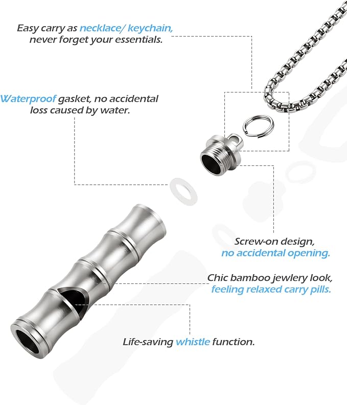 Titanium Pill Holder Necklace Whistle Mini Keychain Nitro Pill Case Loud Emergency Whistle for EDC Safety Backpacking Survival Hiking Camping Pets Training