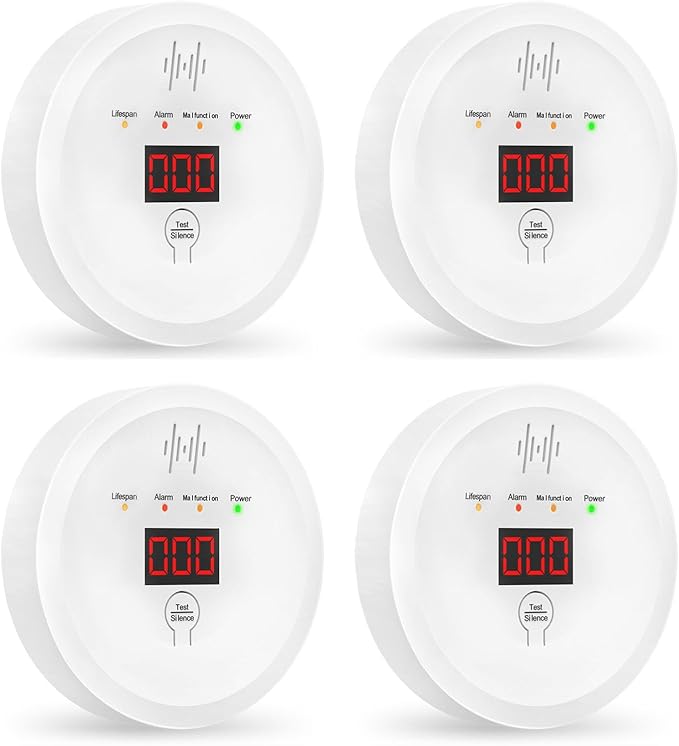 CarCarbon Monoxide Detectors 90dB Alarm, CO Detector Battery Powered(Not Include), 10-Year Lifespan Carbon Monoxide Alarm with LCD Display for Travel, Home, Kitchen, JA-997, 4 Packs