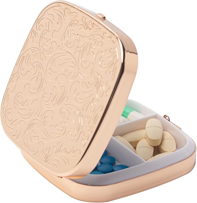 Portable Metal Travel Medicine Box/3 Compartments (Square Gold)