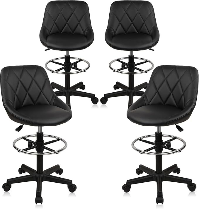 Small Rolling Stool with Backrest - 360° Swivel Chairs with Wheels, Adjustable Height Footrest Armless Vanity Chair, Thickened Seat Cushion Stool Chairs for Spa, Shop, Salon, Massage, Black, 4 Pack