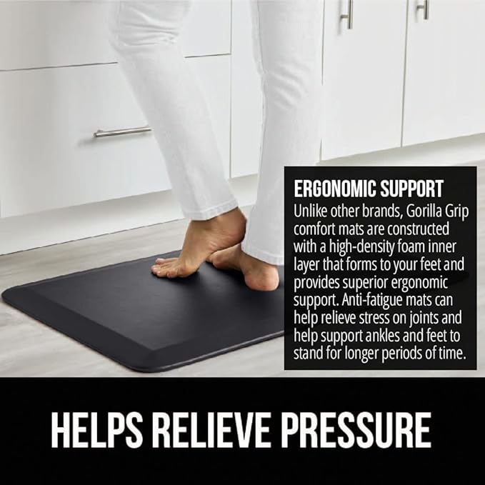 GORILLA GRIP Comfortable Cushioned Kitchen Mats for Floor, 48x20, Waterproof and Stain Resistant Soft Top, 3/4 Inch Thick Ergonomic Standing Desk Anti Fatigue Mat, Foam Supports Ankles and Feet, Black