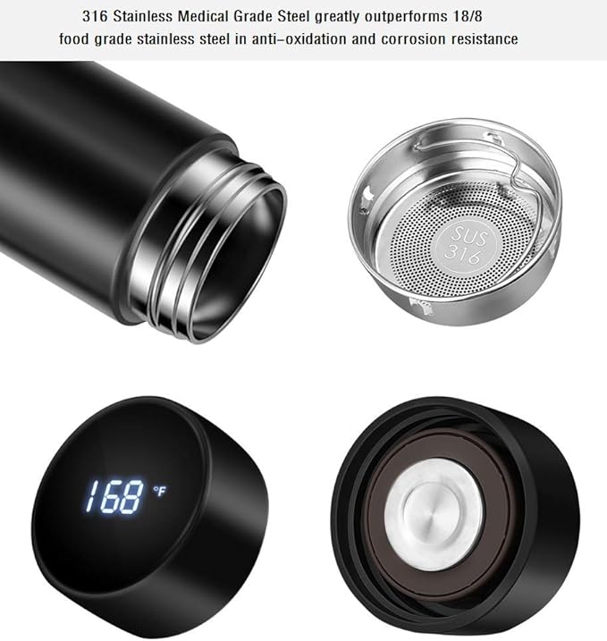 Insulated bottle,Coffee bottle,Tea Infuser Bottle,Smart Sports Water Bottle with LED Temperature Display,Double Wall Vacuum Insulated Water Bottle, Stay Hot for 24 Hrs,Cold for 24 Hrs (Black)
