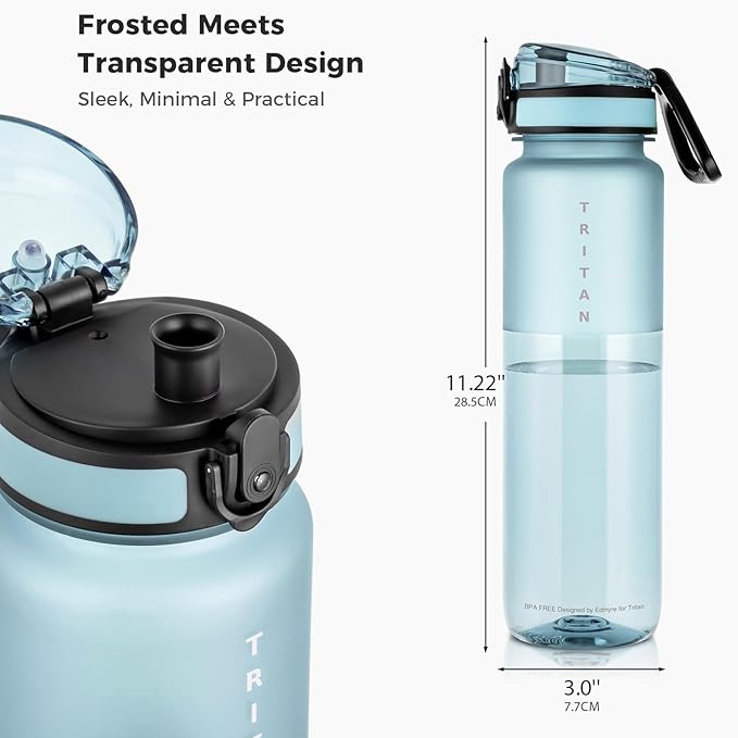 32oz Water Bottle with Chug Lid, Frosted & Clear Tritan BPA-Free, Leakproof, Wide Mouth, Portable Sports Water Bottle for Gym, Office, Travel, Outdoor (Blue)