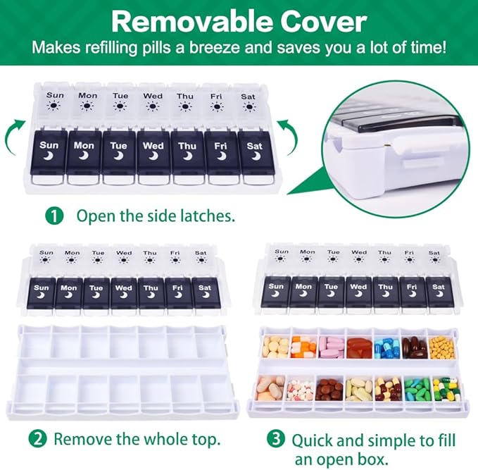 Shintop Pill Organizer 2 Times a Day, Easy Fill Weekly Pill Box Am Pm Push Button Pill Container 7 Day Medicine Organizer for Vitamins Supplements （Black&White）