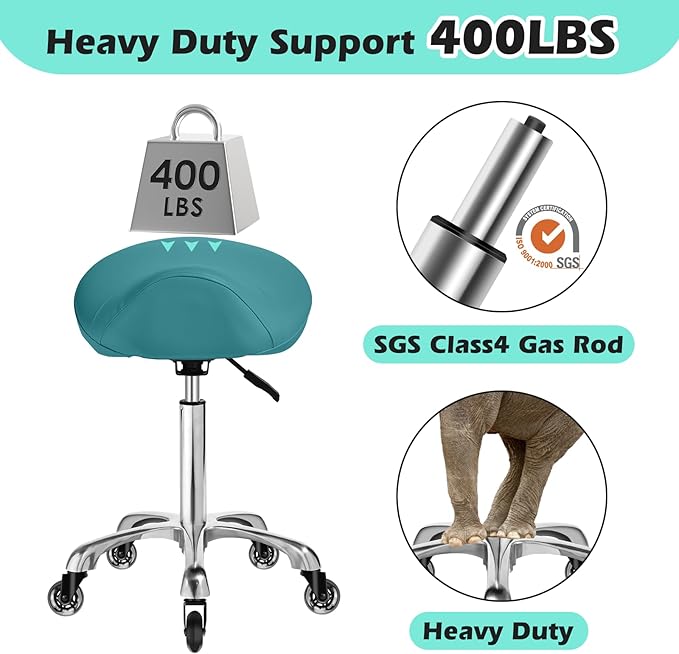 Saddle Stool with wheels Ergonomic - Heavy Duty 400lbs, Upgraded Thick Saddle Cushion, Healthy Posture Correction, Swivel Adjustable Rolling Saddle Stool, Saddle Chair for Salon Massage Home (Green)