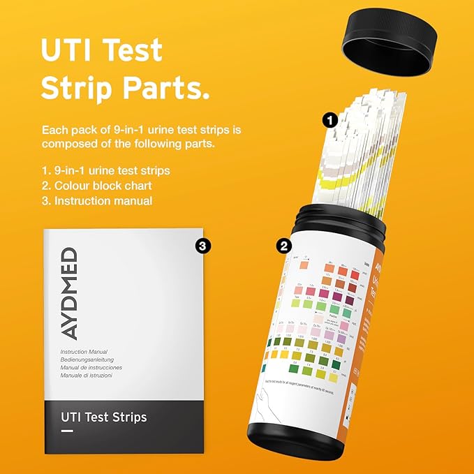 100 x AYDMED 9-in-1 UTI Test Strips | 9 Parameter Urine Test Strips for Leukocytes, Nitrite, Specific Gravity, pH, Protein, Urobilinogen, Bilirubin, Ketone & Ascorbic Acid | FSA & HSA Eligible
