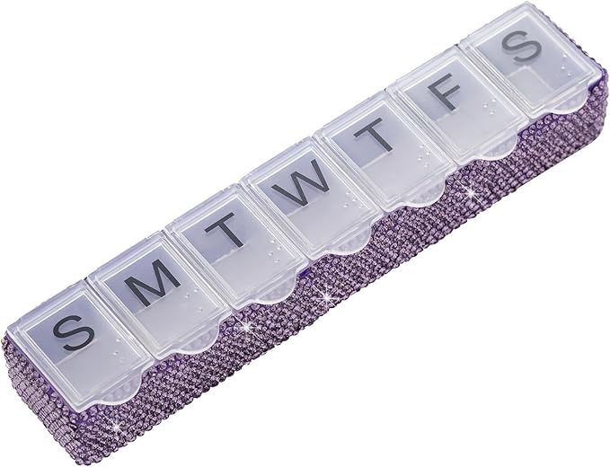 Weekly Pill Organizer 7 Day Small Pill Case Medicine Holder Daily Pill Box Bling Vitamin Container Medication Cases Organizers(Purple)