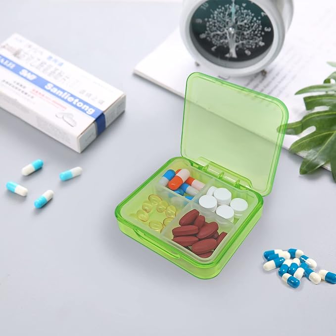 Pill Case for Pocket Travel Pill Organizer Small Pill Box Portable 4 Compartments Removable Medicine Organizer for Vitamin Fish Oil (Grass Green)