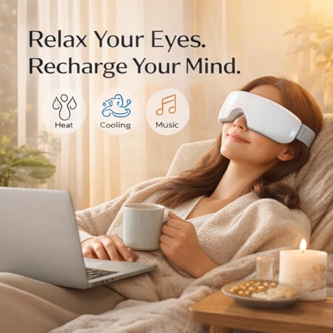 ME JO Eye Massager with Heat and Cooling – Eye Strain Relief – Birthday Gifts, Eye Mask for Dry Eyes, Sleep & Stress Relief for Women, Men, Mom & Dad