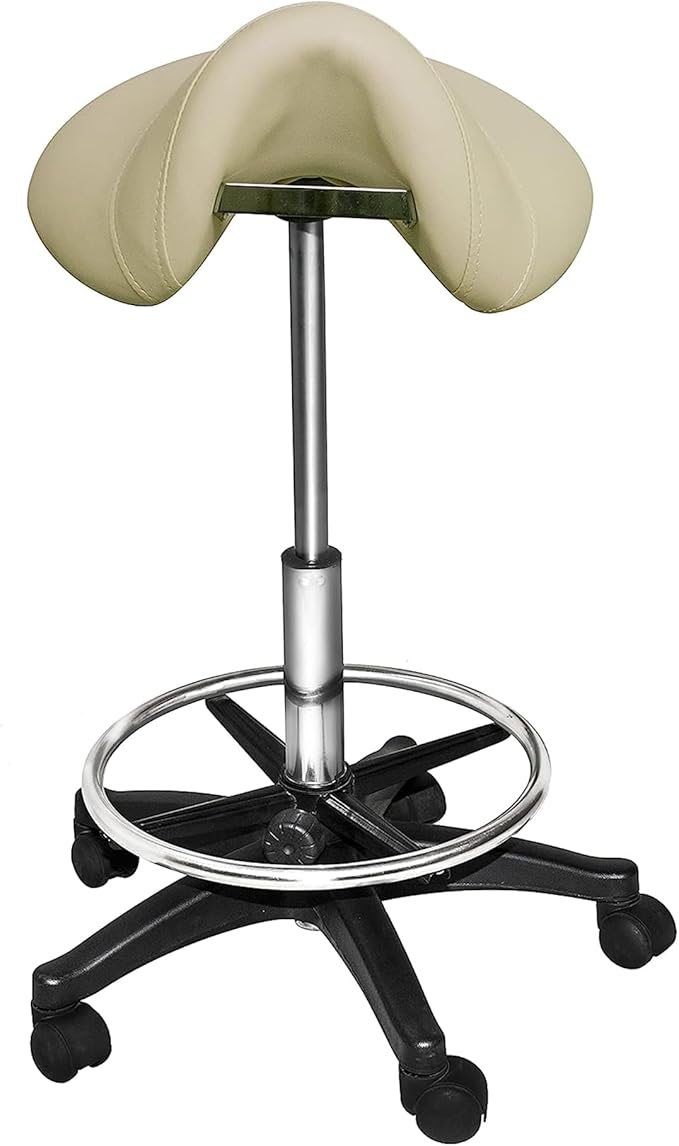 PureSana Chromium Professional James 360-Degree Full Rotational Saddle Cutting Stool with Adjustable Air Life Mechanism & Wheel Casters, Tan