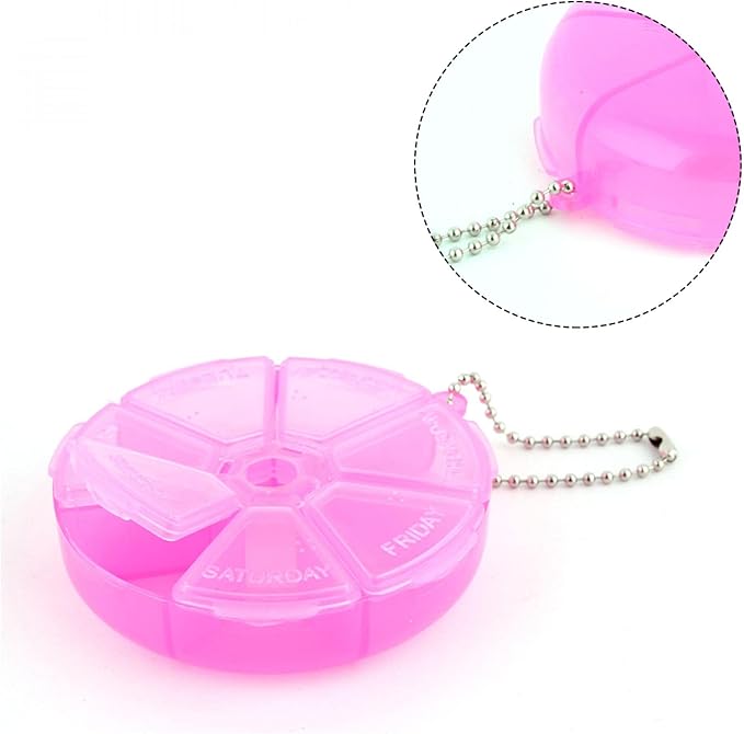 uxcell Round Shaped Medicine Pill 7 Slots Organizer Box Case Container Fuchsia