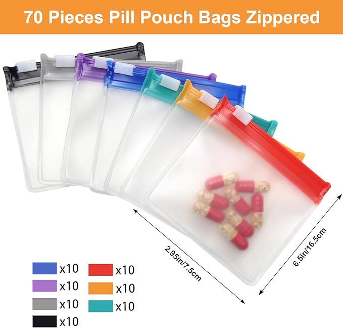 70 Pieces Pill Pouch Bags Zippered, Anglecai Reusable Pill Pouch for Medicine Bags Portable Self Sealing Travel Medicine Packets with Slide Lock Drug Baggies