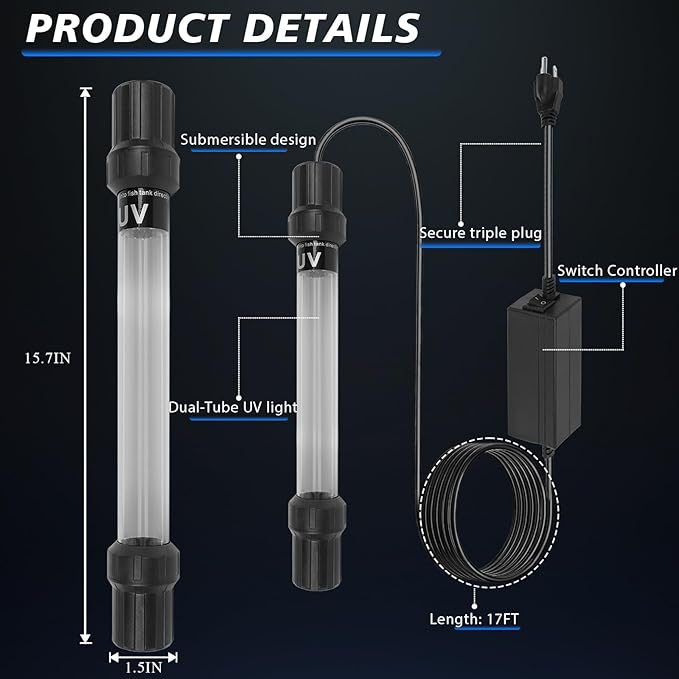 32W UV Submersible Aquarium Light for 100-2000 Gallon，Aquarium UV Light Water Clarifier for Pond, Pool, Hot Tub & Cold Plunge with Fish Tank Control