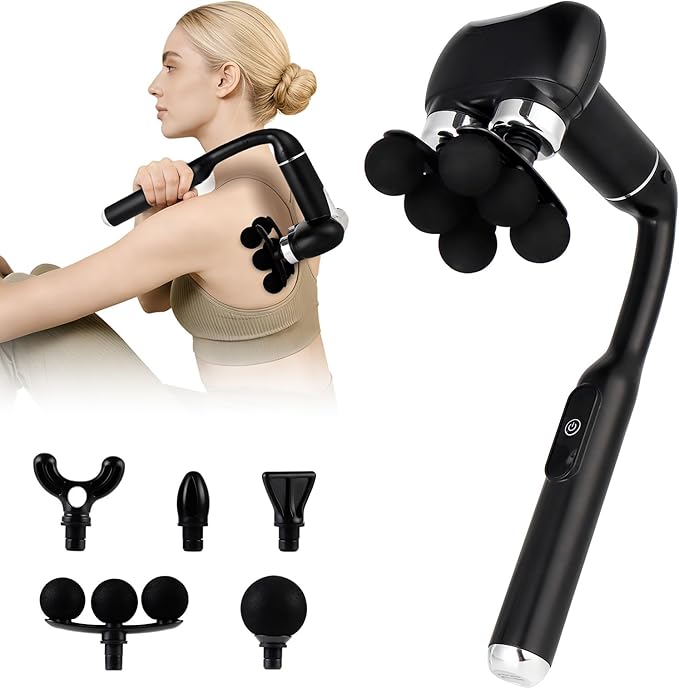 IeBilif Massage Gun with Extension Handle, Handheld Foot Back Neck Shoulder Massager with 6 Adjustable Speeds & Modes and 5 Replaceable Heads for Gym & Home Use, Birthday Gifts for Men