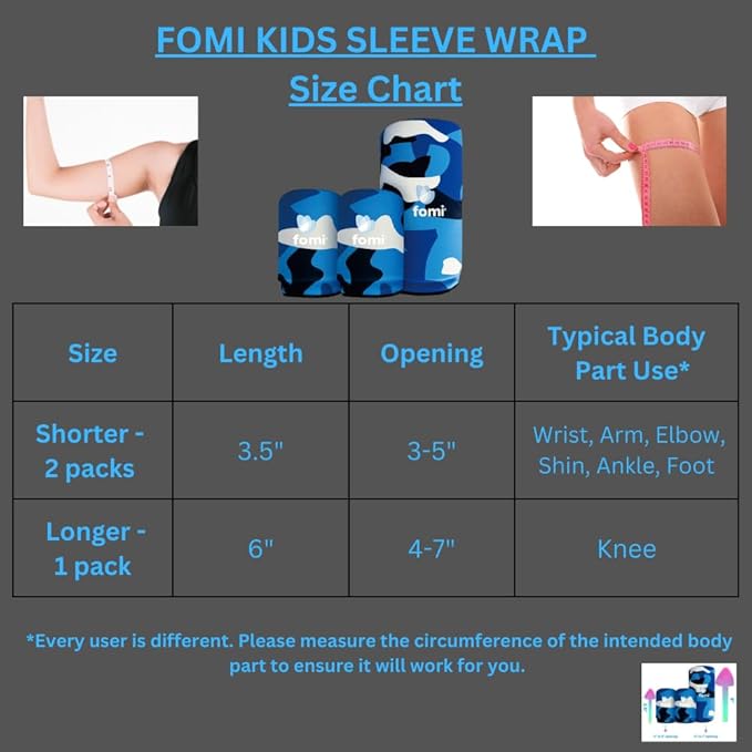 FOMI Premium Kids Hot Cold Solid Gel Boo Boos Ice Packs | 3 Pack | Children’s Fun Flexible Compression Sleeves | 360 Degree Cooling Child Wraps for Knee, Wrist, Elbow, Shin, Ankle, Foot Pain Relief