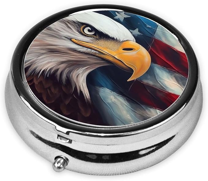 Vintage American Flag and Eagle Painting Print Round Metal Pill Box with 3 Compartment for Pocket or Purse Travel Bag Mini Small Size 2 inche