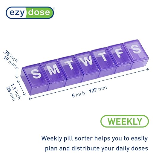 EZY DOSE Weekly (7-Day) Pill Organizer, Medicine Planner, Vitamin Storage Box, Convenient and Easy to Use, Medium Compartments, Case for Supplements and Fish Oils, Travel Friendly, Purple, BPA Free