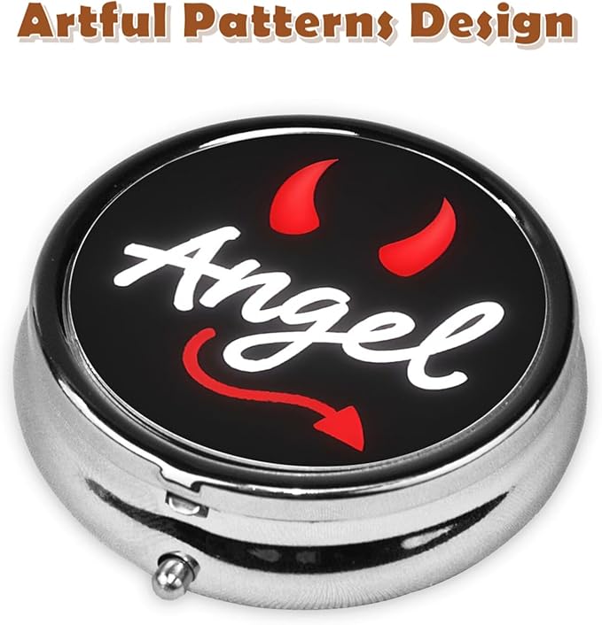Metal Pill Organizer - 3-Compartment Mini Round Pill Case for Pocket & Purse, Portable Vitamin Holder, Easy-Open Design for Travel - Angel