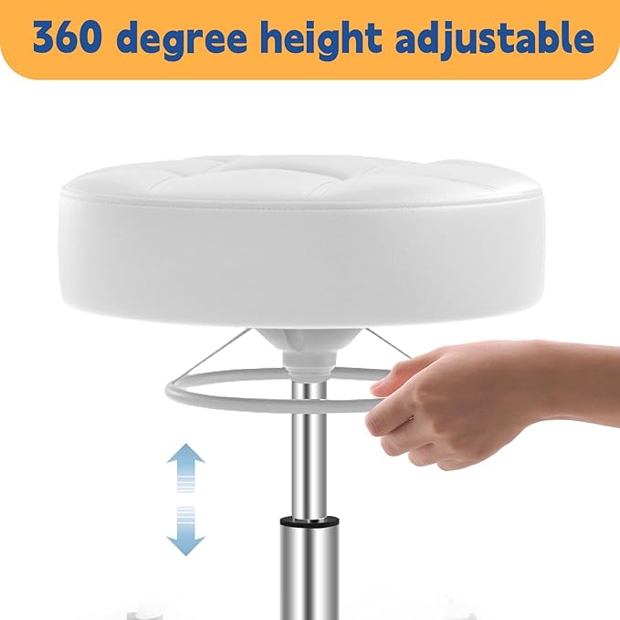 Rolling Stool Heavy Duty 400lb: Super Soft Seat Cushion,360° Swive,Height Adjustability,No Squeaky Noises,No Tip Over,New Upgraded Stool Salon stool Chair, Tattoo Facial Massage Spa Medical (White)