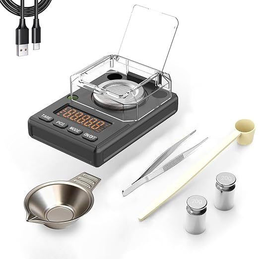 Milligram Scale 100g x 0.001g, MG Powder Scale with Selectable Auto Off, Built-in Bubble Level, 20g Calibration Weight Included, USB/Battery