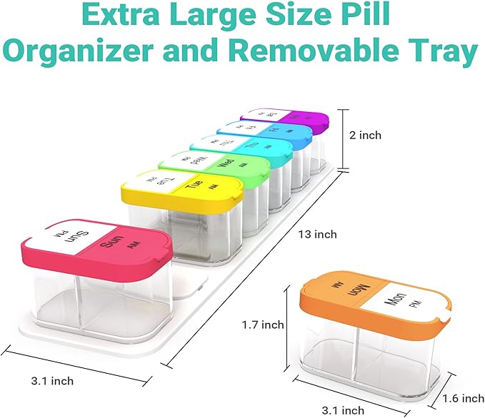 Extra Large Pill Organizer 7 Day, Smart Weekly Pill Organizer 2 Times a Day, AM PM Pill Box with Free Smartphone Reminder App, XL Pill Case Pill Container Vitamin Holder Medicine Organizer