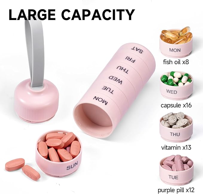 Cute Pill Organizer with 7 Large Compartments, Beitfe Weekly Pill Box for Travel, Cute Daily Pill Case 7 Day, with 7 Large Stackable Compartments, Pill Holder for Vitamin Supplement Medicine (Pink)