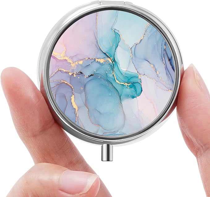 Mini Pill Box, Small Pill Box, Portable Pill Box, Cute Pill Organizer for Vitamins, Medications, Fish Oil and Supplements (Blue Marble)