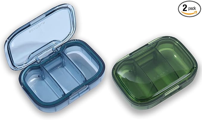 3 Compartment Pill Box, Moisture Proof Pill Case, Travel Pill Organizer for Pocket Purse, Daily Portable Medicine Vitamin/Fish Oil Box, Supplement Box, 2 Pack