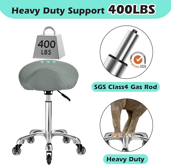 Saddle Stool with wheels Ergonomic - Heavy Duty 400lbs, Upgraded Thick Saddle Cushion, Healthy Posture Correction, Swivel Adjustable Rolling Saddle Stool, Saddle Chair for Salon Massage Home (Gray)