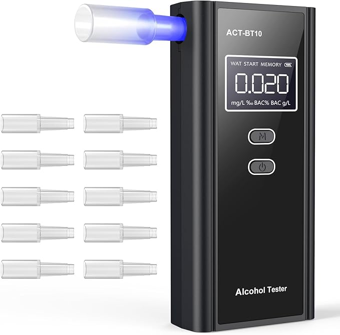 Portable Breath Alcohol Monitor – Personal-Use LCD Breath Checker with 10 Mouthpieces, Compact Device for Home, Car, Party Safety Awareness