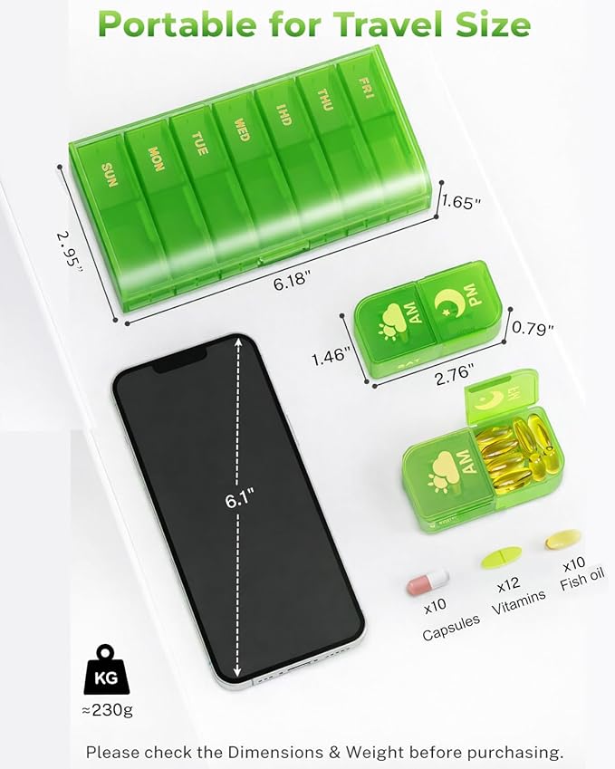 Weekly Pill Organizer 2 Times a Day, 7 Day AM/PM Pill Box, Portable Medication Dispenser with Child-Resistant Latch, BPA-Free, Travel, Office, Pets, Emergency Use (Neon Green)