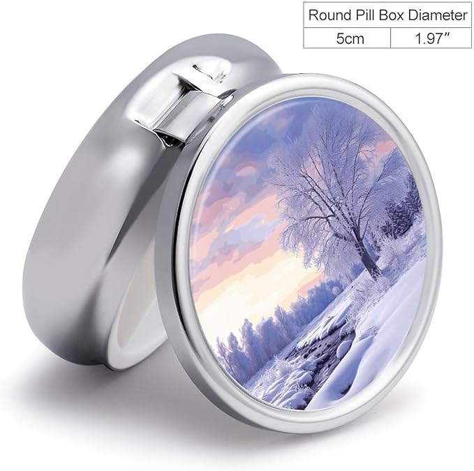 Winter Landscape Pill Box Travel Pill Case for Purse Pocket Weekly Medicine Organizer with Mirror 3 Compartment Round Medicine Case Portable PillcaseHolder for Daily