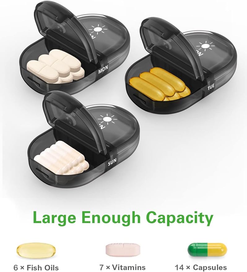 Fullicon Pill Organizer 2 Times a Day, Daily Pill Box AM PM, Replacement Medicine Organizer, Pill Cases Twice a Day with Lable- (Black Replacment 2 Pack)