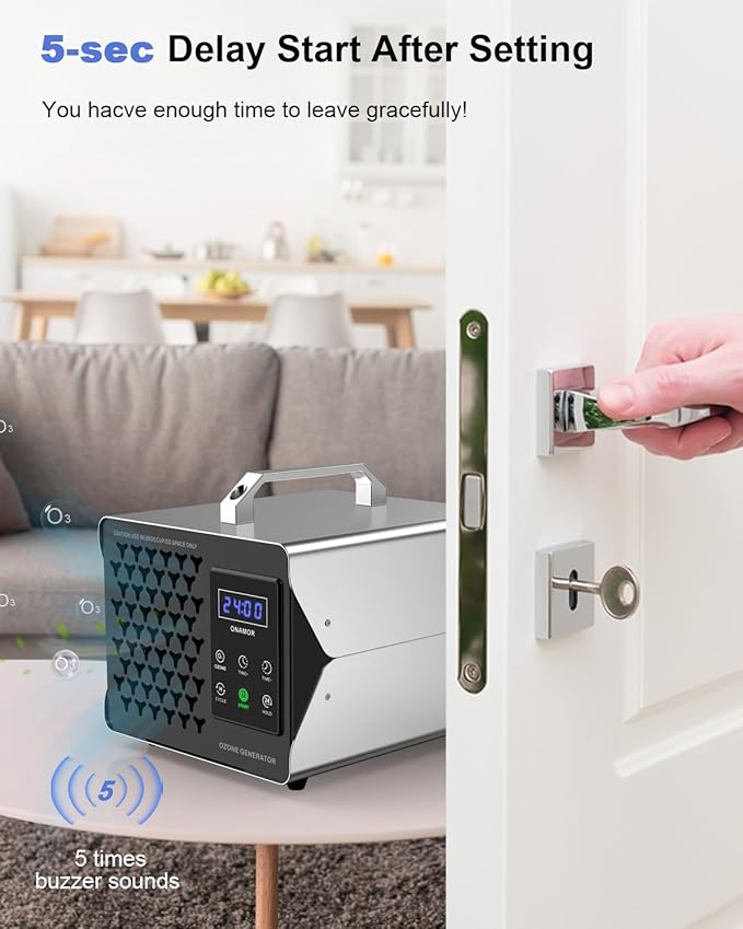 ONAMOR Digital Ozone Generator Odor Eliminator 180,000mg, High Capacity Ozone Machine Odor Removal Up to 8,000 Sq.Ft, Ozone Odor Eliminator, Ionizer Ozonator for Home, Car, Smoke, Pet Room (Sliver)