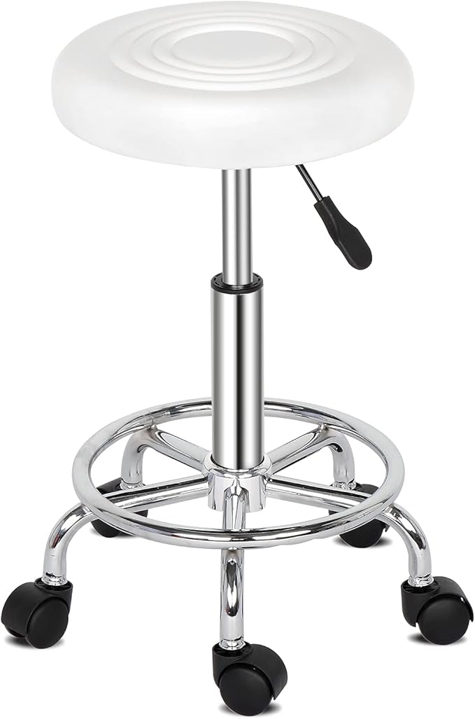 Modern Rolling Round Stool Chair,PU Leather Swivel Adjustable Rolling Stools,Ergonomic Swivel Salon Spa Barstools,Office Drafting Chairs,with Wheels,for Home, Kitchen, Medical, Lab (White)