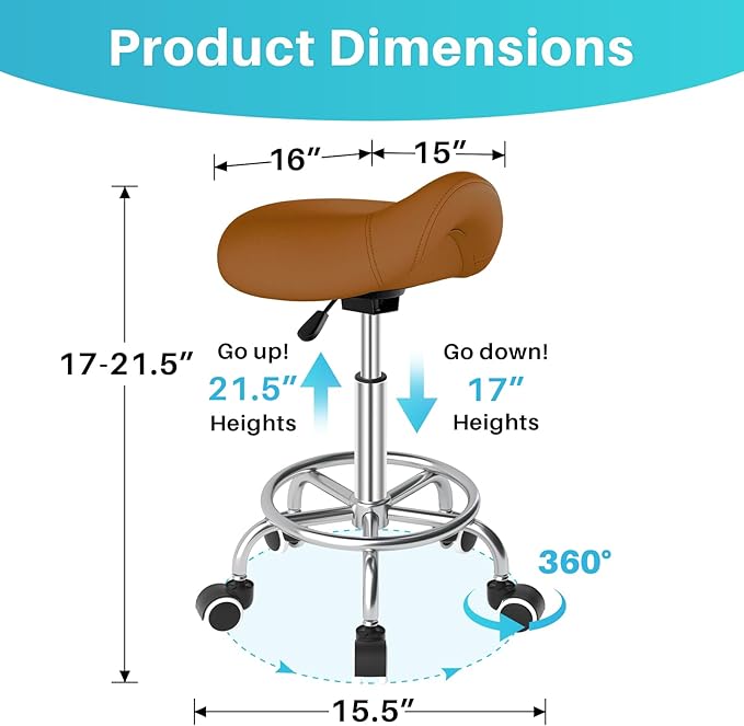 YEEZEE Saddle Stool Ergonomic- Comfortable Rolling Saddle Stool with Wide Thick Saddle Seat Padding, Swivel Adjustable Saddle Chair with Wheels and Ring Pedal for Medical Massage Salon (Brown)