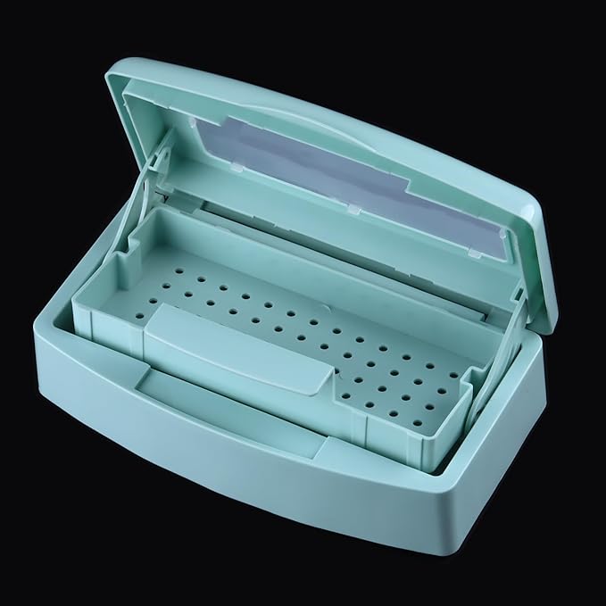 Nail Tool Sterilizer Box Plastic Disinfectant Container for Nail Art Accessories Tools, Hair Salons and Beauty Centers, Sterilizer Soaking Box with Strainer Pedicure Manicure Equipment, Blue