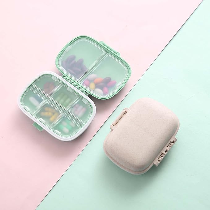 8 Compartments Travel Pill Organizer, Daily Pill Case Small Pill Box for Pocket Purse, Portable Pill Container Medicine Vitamin Organizer (Cyan & Khaki)
