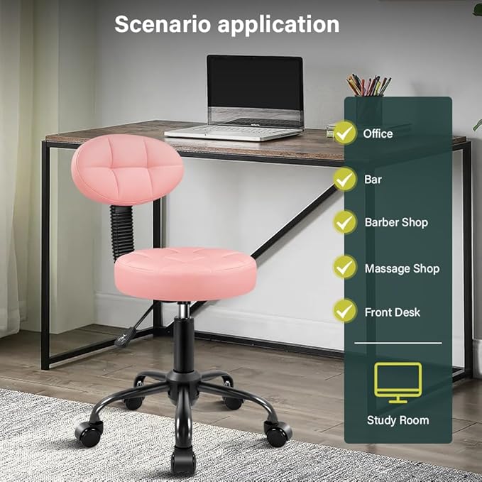 Round Stool with Back for Work SPA Shop Home Massage Height Adjustable Swivel Stool Chair with Wheels (Pink)