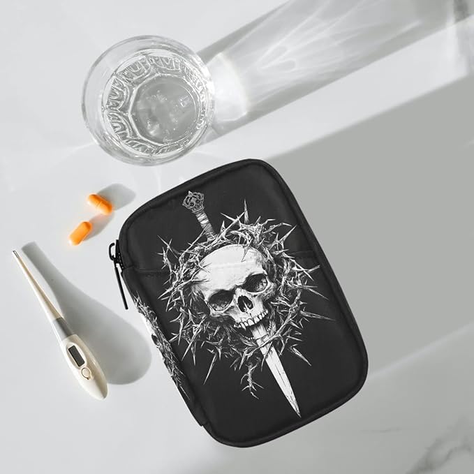 White Skull Art Pill Case Travel Pill Organizer Weekly 7 Day Portable with Zipper Medicine Box Pill Case for Vitamins, Birth Control,Fish Oils,Medication, Supplements