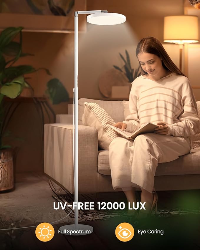 Light Floor Lamp 12000 Lux – UV-Free Full Spectrum LED Floor Lamp with 10 Brightness Levels, 5 Color Modes, 2 Setup Options, Adjustable Height, Remote & Timer for Reading, Bedroom, Office (White)