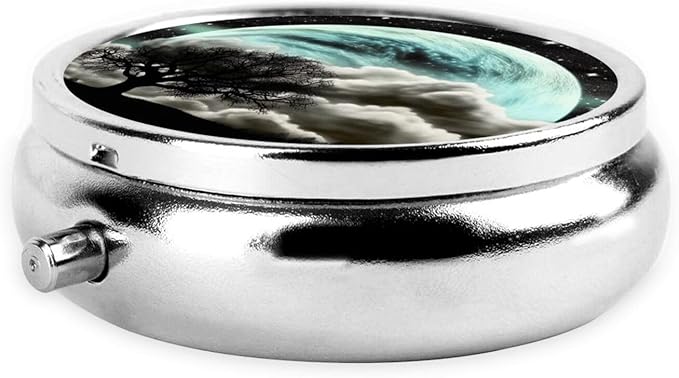 Starry Night Black Tree Art Print Pill Box 3 Compartment Small Pill Case with Mirror Pill Organizer for Outdoor Travel Pocket Purse